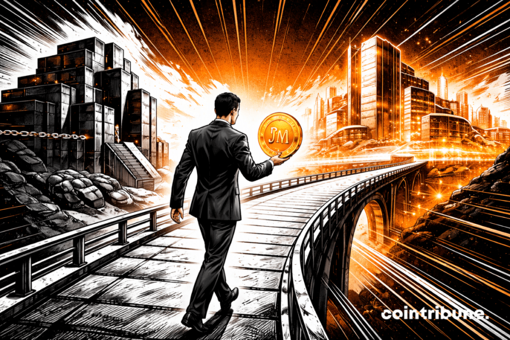 Un banquier de JPMorgan traverse un pont symbolique, tenant une pièce orange, quittant la finance fermée vers un univers crypto ouvert moderne.