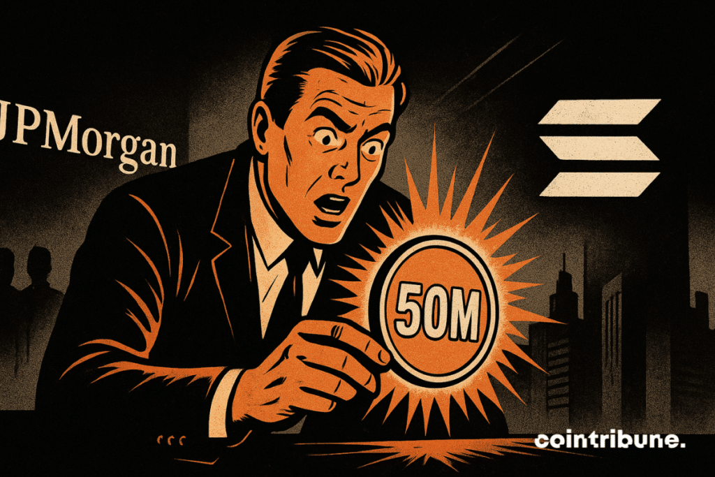 Banquier de JPMorgan stupéfait tenant un jeton lumineux de USDC “50M”, ambiance dramatique noir et orange, style comics 70s, symboles financiers et énergie Solana.
