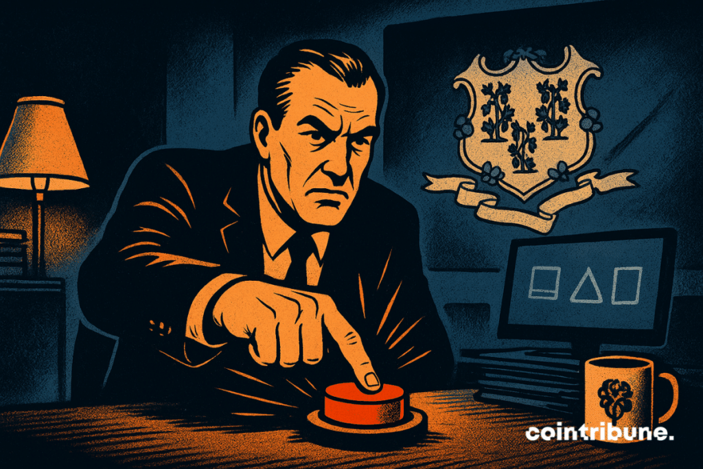 Un agente decidido presiona un botón rojo, iluminación dramática, oficina oscura, sello de Connecticut, atmósfera tensa, estilo de cómic de los años 70.