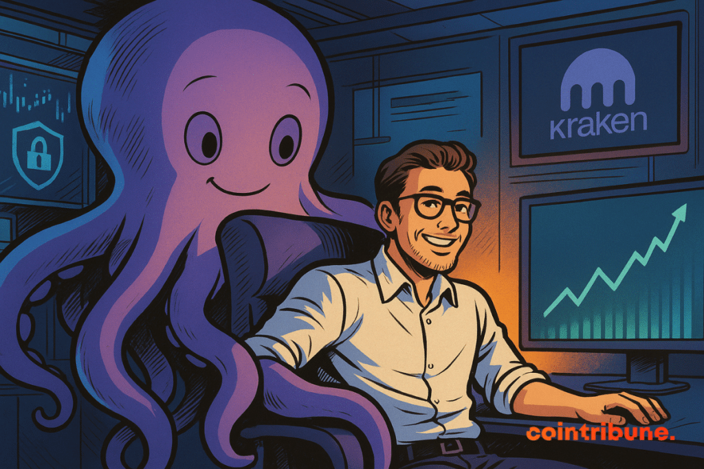 Un hombre sonriente se sienta frente a una pantalla que muestra una curva ascendente pronunciada, acompañado por la mascota Kraken, un amigable pulpo morado, en una moderna sala de control que muestra características de seguridad y el logotipo de Kraken.