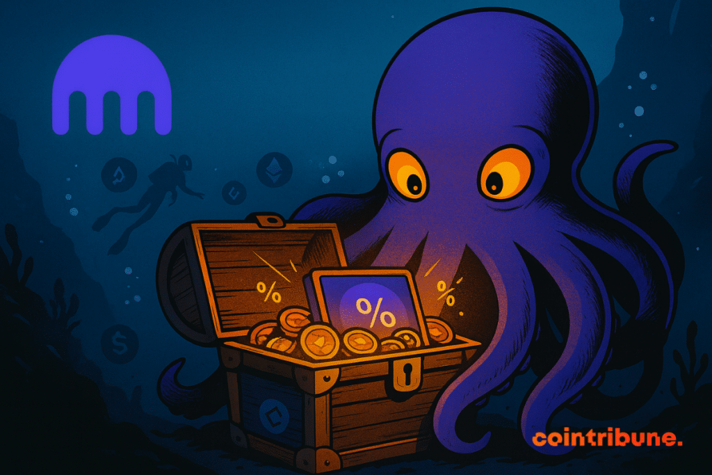 Un poulpe violet de style cartoon découvre un coffre au trésor rempli de pièces et d’un écran affichant un pourcentage. Le logo Kraken apparaît à l’arrière-plan, dans un décor sous-marin avec des silhouettes de cryptomonnaies flottantes.