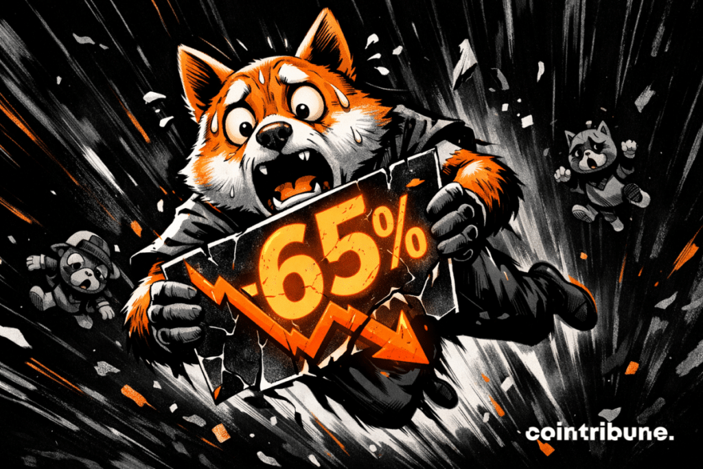 Mascotte de memecoin paniquée chute dans le vide, tenant un graphique brisé affichant 65%, ambiance comics sombre et dynamique orange.