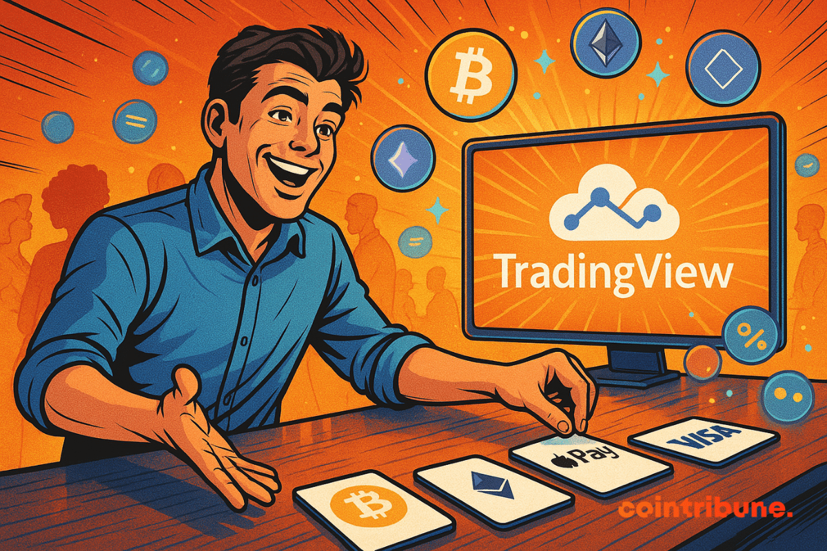Un homme enthousiaste devant un écran affichant le logo TradingView, entouré d’icônes de cryptomonnaies. Sur la table, il choisit un moyen de paiement parmi Bitcoin, Ethereum, Apple Pay et carte Visa.