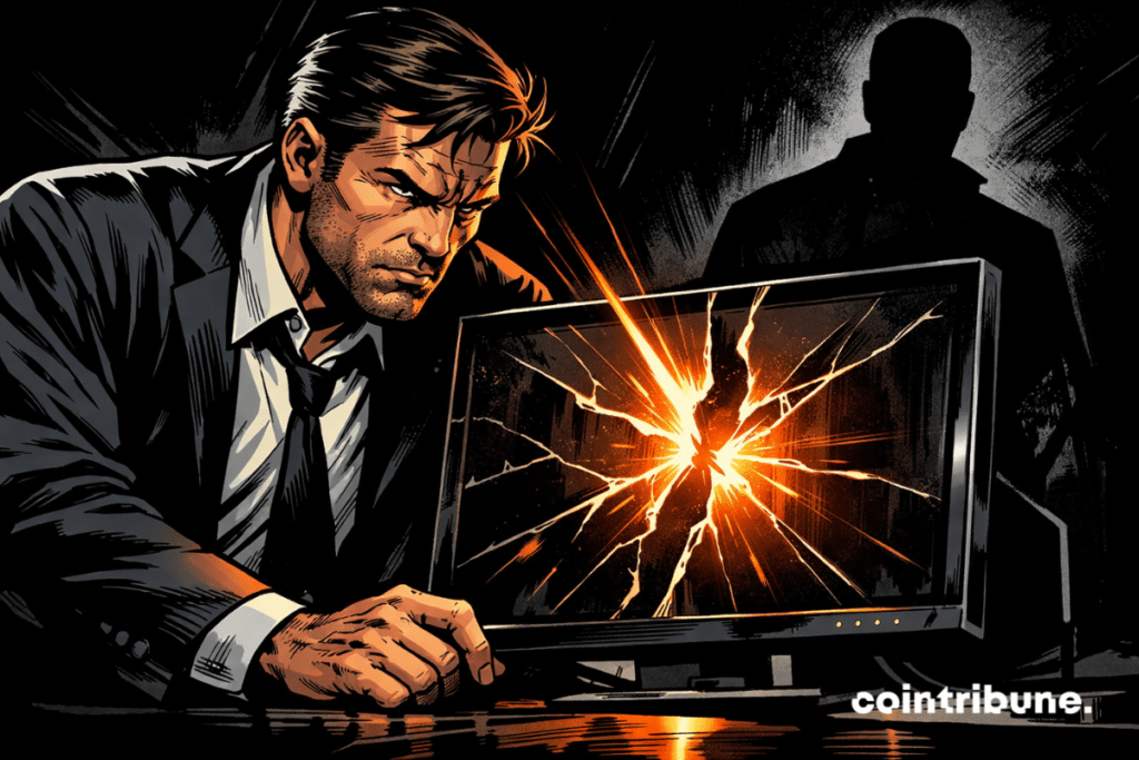 Una ilustración de estilo cómic de los años 70 muestra a un hombre con traje inclinado sobre una pantalla de computadora rota, de la que emana una luz naranja, mientras una figura oscura se encuentra en el fondo, simbolizando un pirata informático y un proveedor de servicios implicado en Polymarket.