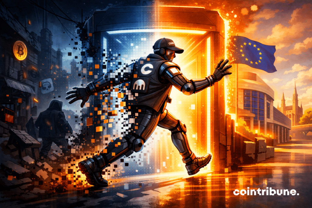Un humanoïde crypto traverse un portail lumineux, passant d’un monde chaotique à une ville européenne ordonnée, symbolisant la transition vers la régulation MiCA