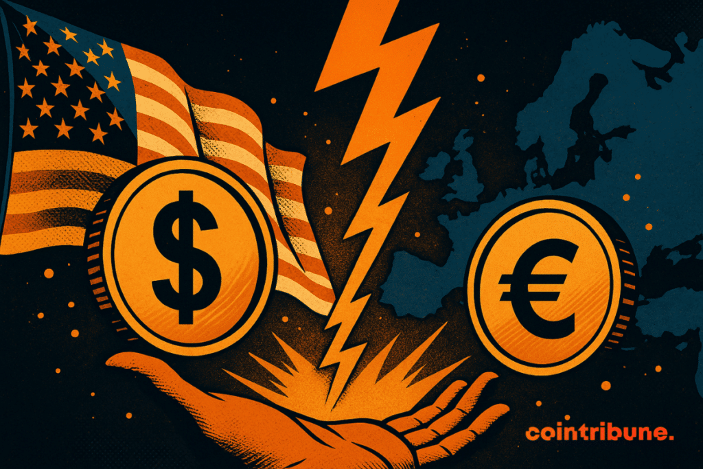 Split-screen comic-style illustration showing a dollar coin over the U.S. flag and a euro coin over a European map, divided by a lightning bolt, representing the growing divide in global stablecoin liquidity.