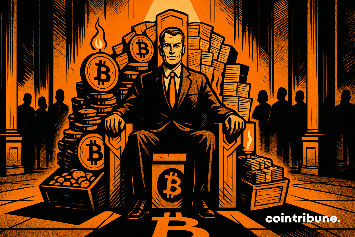 Homme en costume trônant sur une richesse Bitcoin et cash