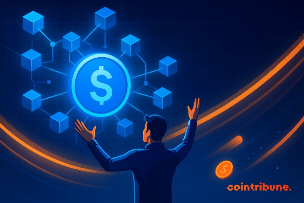 A man stands in front of a glowing digital stablecoin symbol surrounded by blockchain cubes, with dynamic orange lines illustrating fast global transactions on a futuristic network.