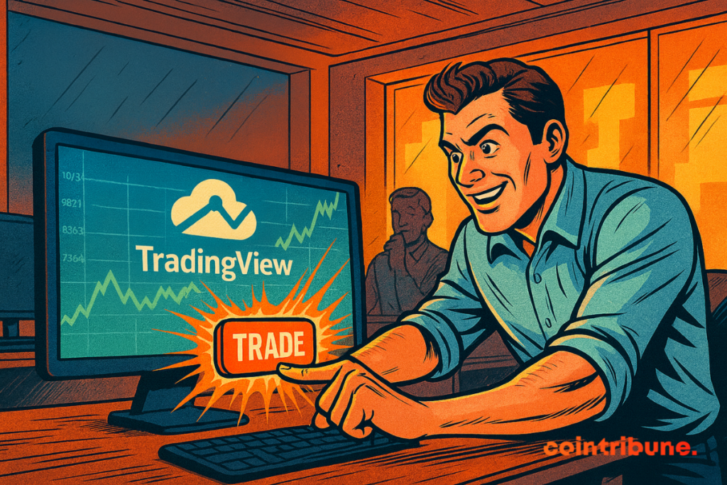 Un homme enthousiaste appuie sur un bouton « Trade » sur un écran TradingView affichant un graphique de trading en forte hausse.