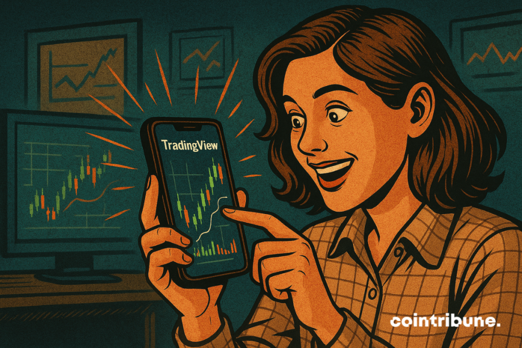 Une femme souriante regarde un graphique boursier sur l’application mobile TradingView, affiché sur son smartphone, entourée d’écrans montrant d'autres graphiques financiers.