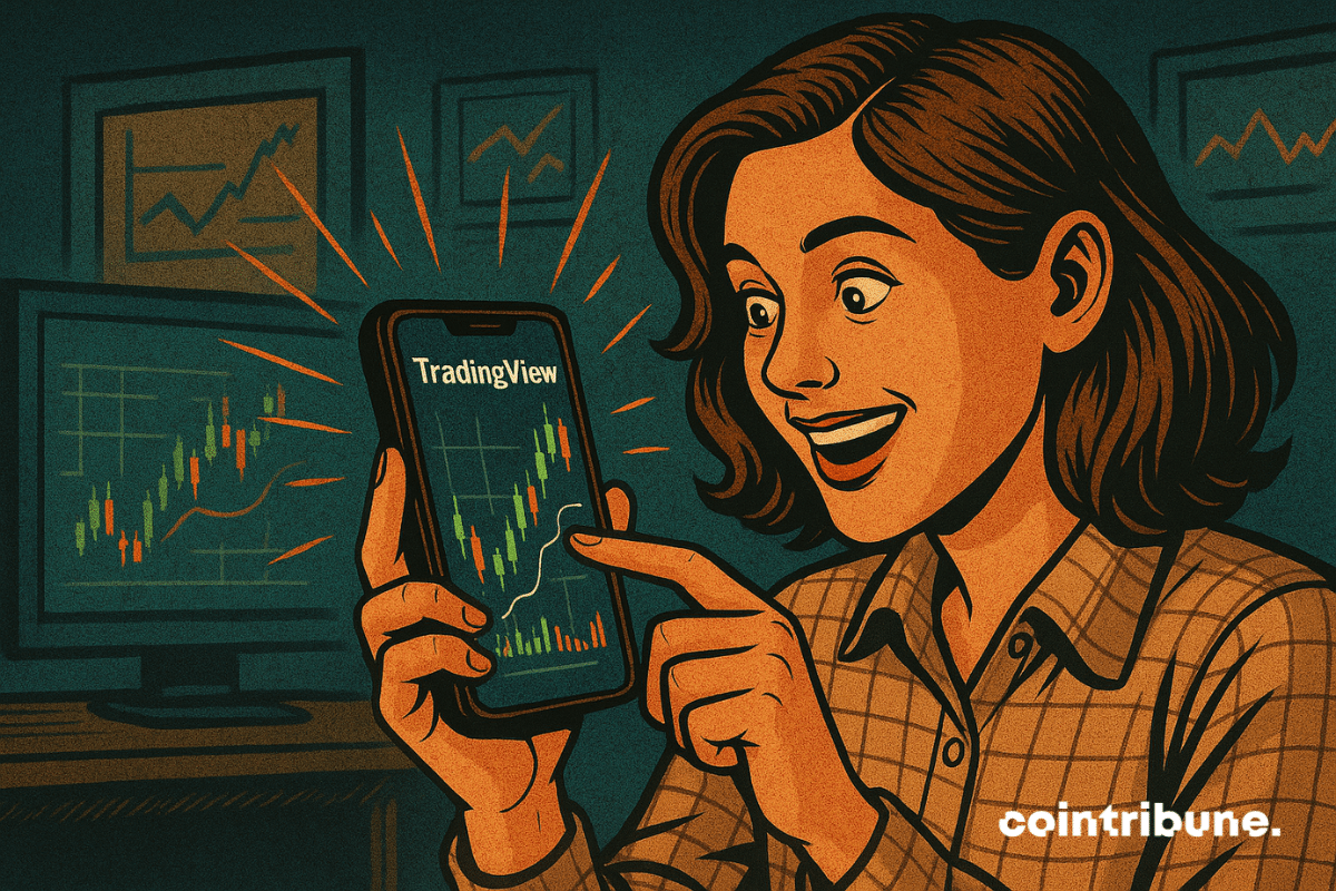 Une femme souriante regarde un graphique boursier sur l’application mobile TradingView, affiché sur son smartphone, entourée d’écrans montrant d'autres graphiques financiers.