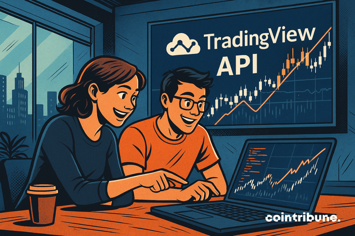 Deux personnes souriantes consultent un graphique boursier sur un ordinateur portable, avec l’écran en arrière-plan affichant “TradingView API” et une courbe ascendante.