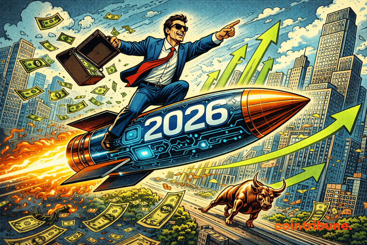 Un homme d'affaires de Wall Street chevauchant une fusée portant l'inscription « 2026 » au-dessus de New York, des billets de banque volent, des circuits d'IA brillent, avec un taureau en charge et des flèches boursières vertes dans un style audacieux de bande dessinée des années 1970.