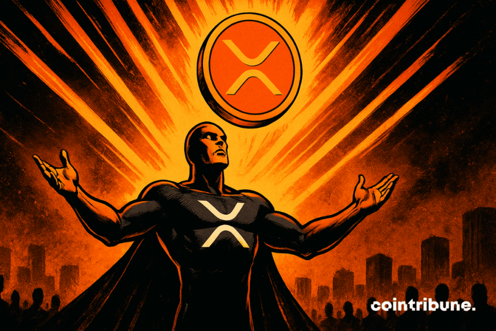 Héros XRP reçoit des flux d’investissements ETF records, énergie orange explosive, optimisme institutionnel, style comics années 1970, dynamique et triomphal.