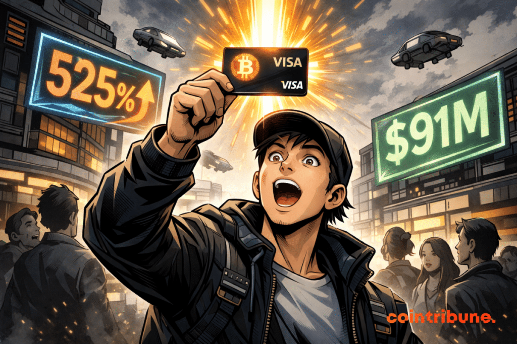 An excited young man holds up a crypto Visa card, surrounded by a futuristic cityscape and bright, explosive numbers.