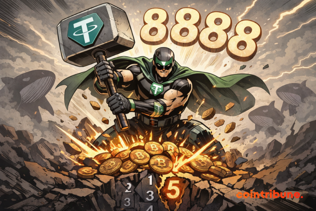 Un héros Tether frappe un tas de bitcoins, faisant jaillir "8888", sous les regards d'ombres de baleines menaçantes.