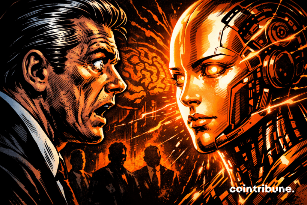 A shocked tech executive in a dark suit faces a calm, glowing humanoid AI, their faces locked in a tense standoff amid orange light and abstract circuitry.