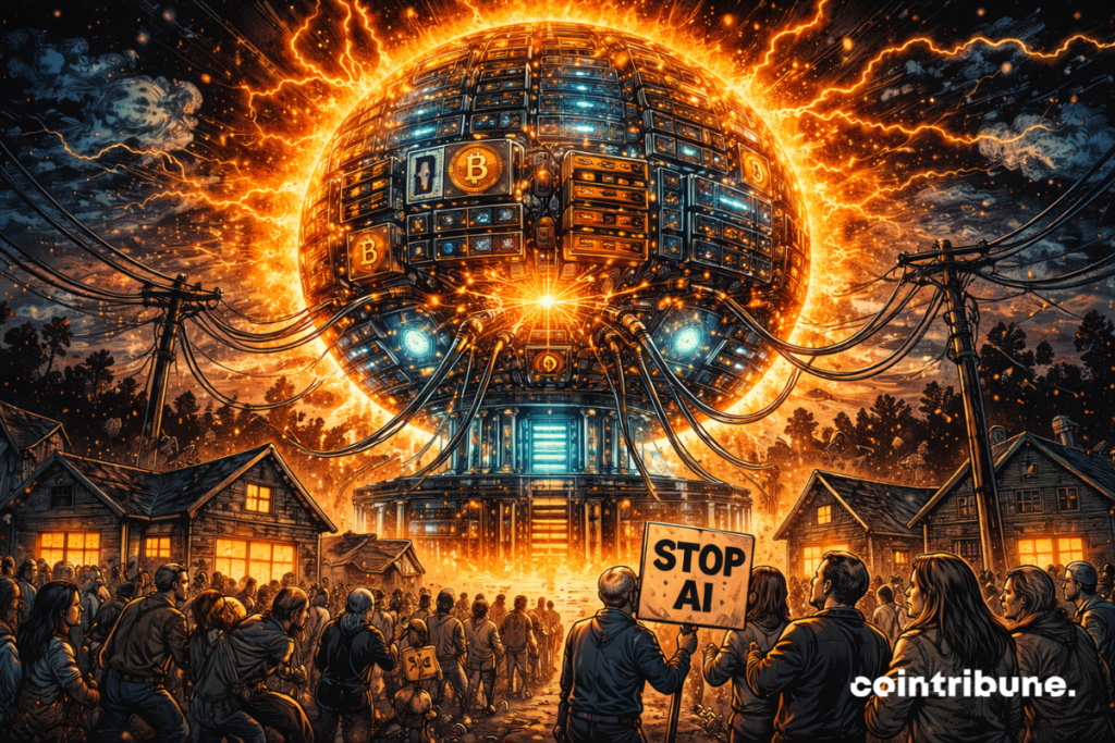 Un globe énergétique géant absorbe l’électricité d’un village plongé dans le noir, pendant que des habitants protestent contre l’intelligence artificielle.