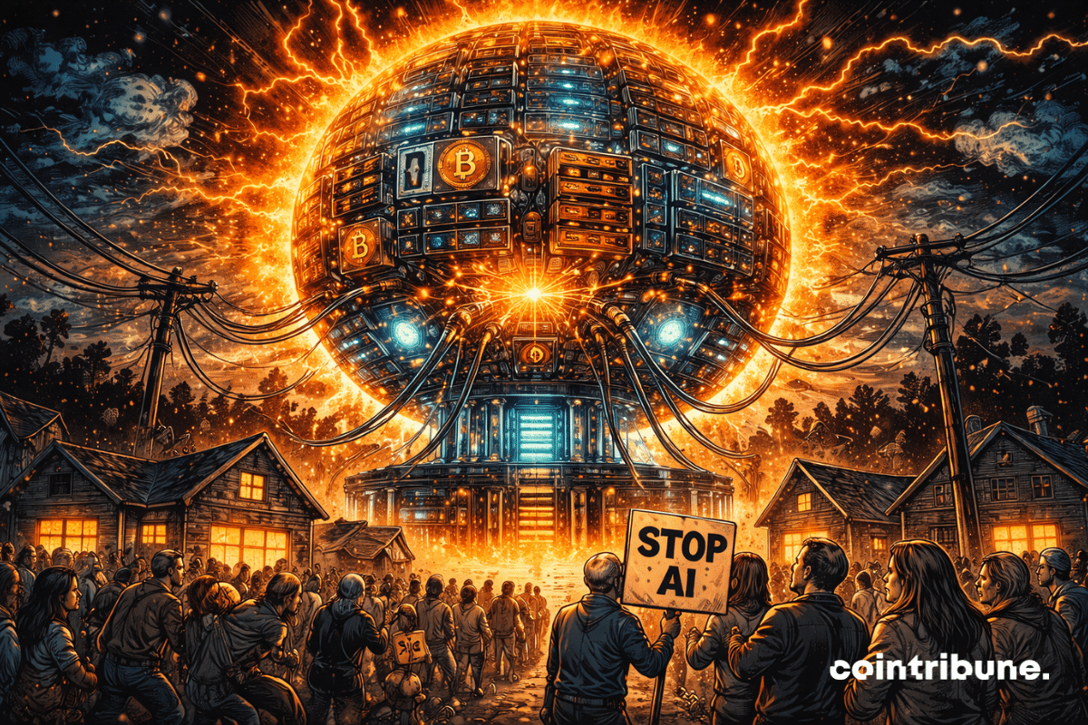 Un globe énergétique géant absorbe l’électricité d’un village plongé dans le noir, pendant que des habitants protestent contre l’intelligence artificielle.