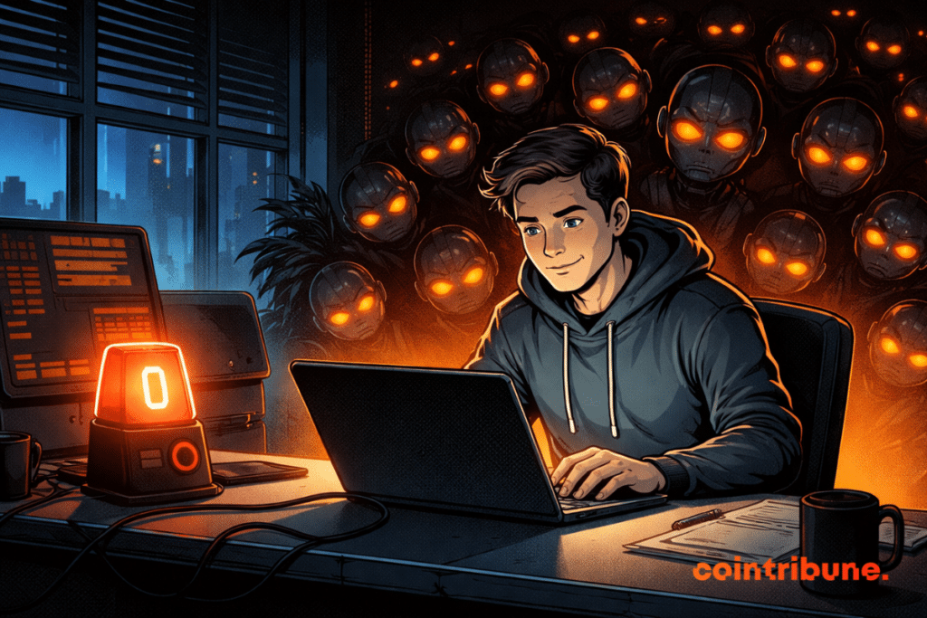 A focused engineer works on a laptop while a glowing “0” alert light stays off, as a swarm of orange-eyed AI faces looms unseen behind him in a dark office.