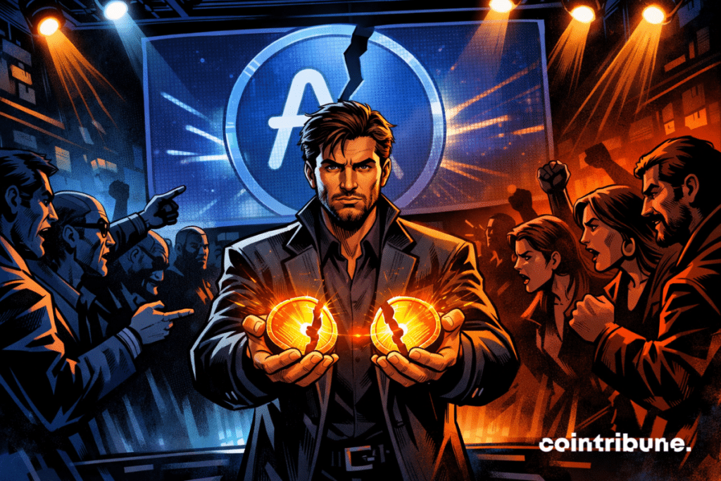 El fundador de Aave sostiene monedas brillantes divididas entre dos multitudes que discuten bajo los focos.