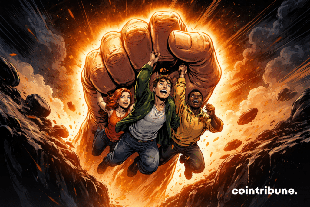 A giant glowing orange hand rises from a dark abyss to grab and save three shocked but hopeful figures, drawn in a dynamic 1970s comic-book style.
