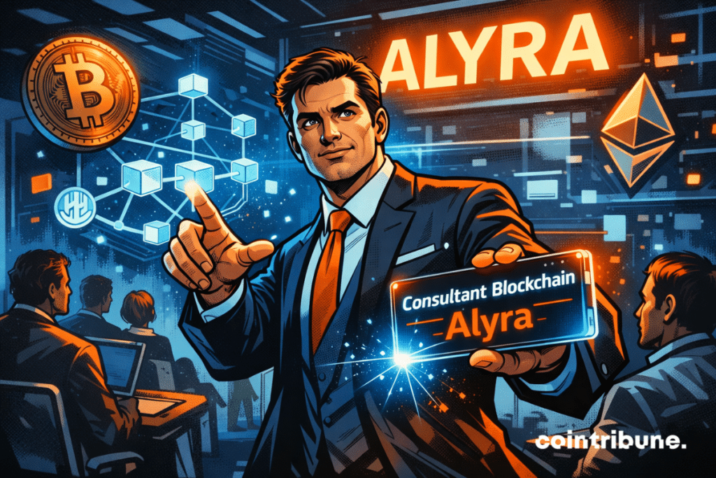 Un homme en costume présente une carte holographique indiquant "Consultant Blockchain - Alyra", avec des symboles de Bitcoin, Ethereum et un schéma de blockchain en arrière-plan. Il donne une formation à un groupe d'apprenants dans une salle moderne. L’univers graphique évoque la technologie, l’innovation et la pédagogie blockchain.