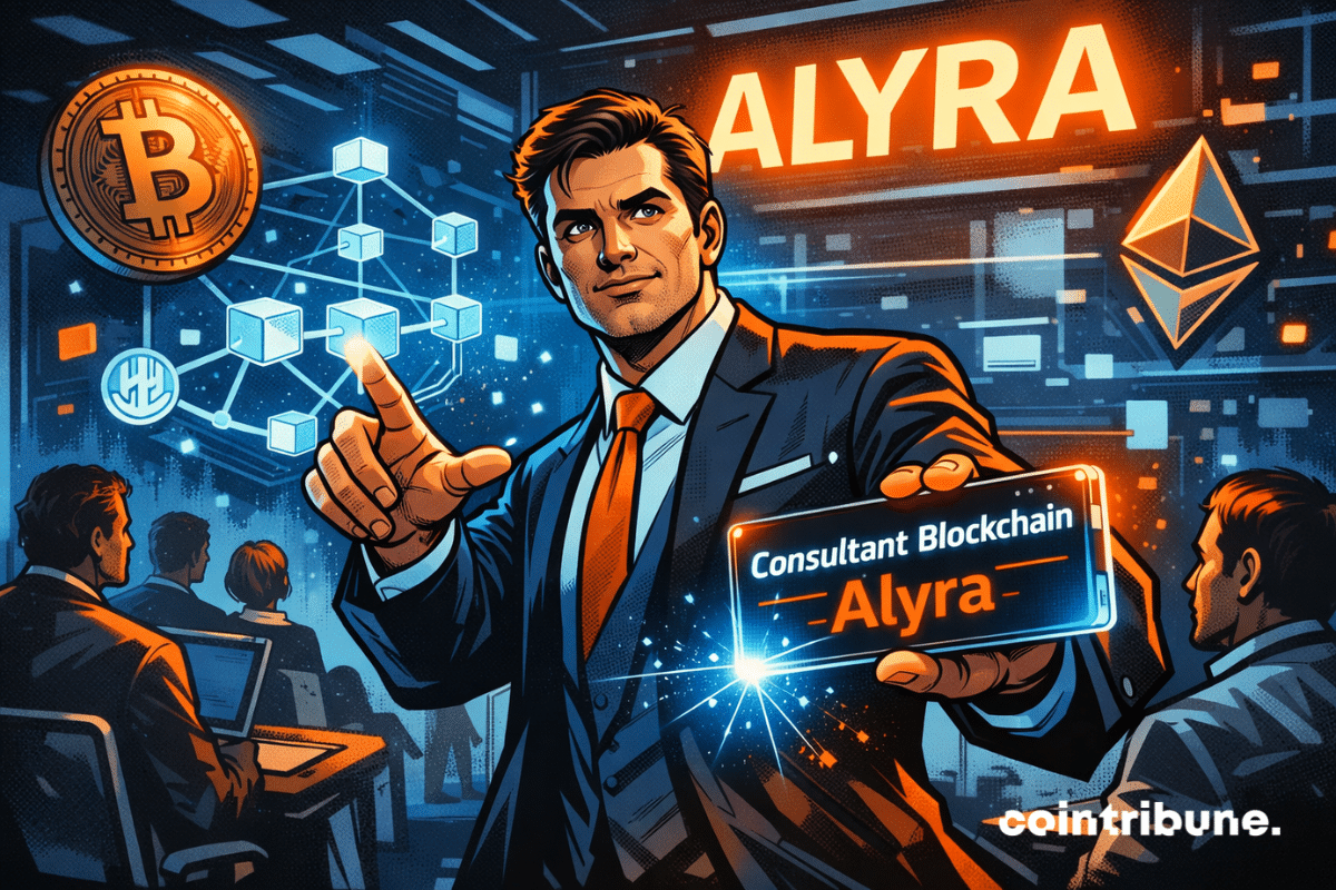 Un homme en costume présente une carte holographique indiquant "Consultant Blockchain - Alyra", avec des symboles de Bitcoin, Ethereum et un schéma de blockchain en arrière-plan. Il donne une formation à un groupe d'apprenants dans une salle moderne. L’univers graphique évoque la technologie, l’innovation et la pédagogie blockchain.
