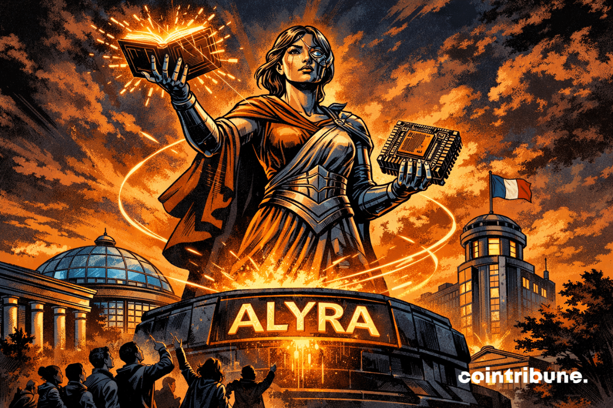 Statue imposante d’une femme futuriste tenant un livre lumineux et une puce électronique, symbolisant la connaissance en IA et blockchain, devant des bâtiments institutionnels avec un drapeau français et le nom “Alyra” en lettres brillantes.