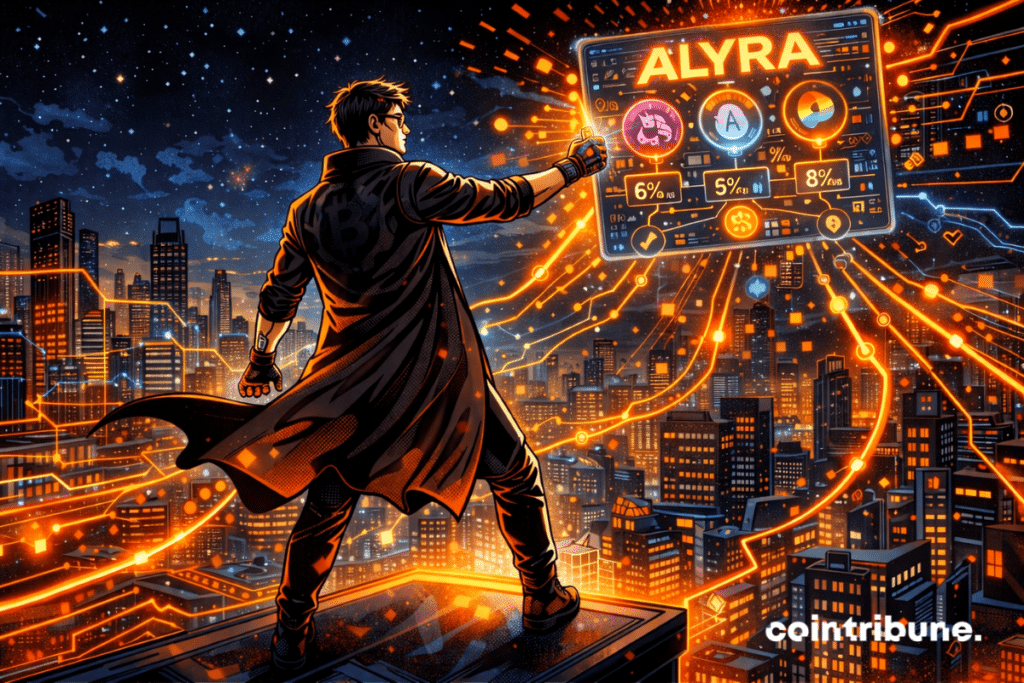 Un homme en manteau long, debout sur un toit surplombant une ville futuriste illuminée, interagit avec une interface numérique holographique affichant les données de la formation DeFi d’Alyra.