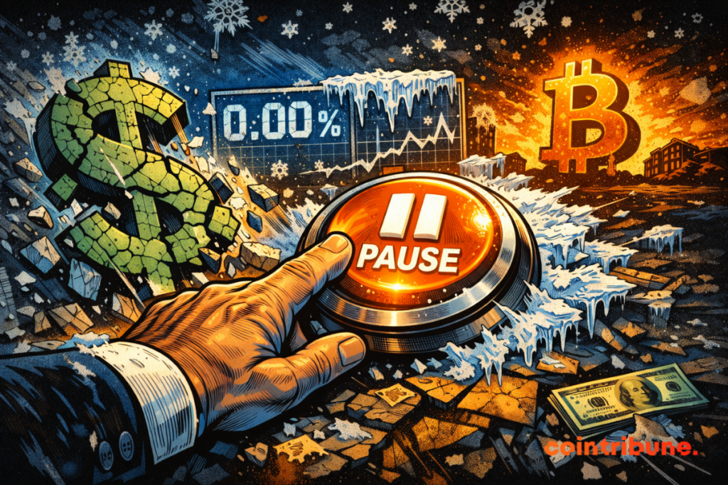 Une main géante appuie sur "Pause", faisant s’effondrer un dollar en ruines pendant que Bitcoin observe calmement à distance.