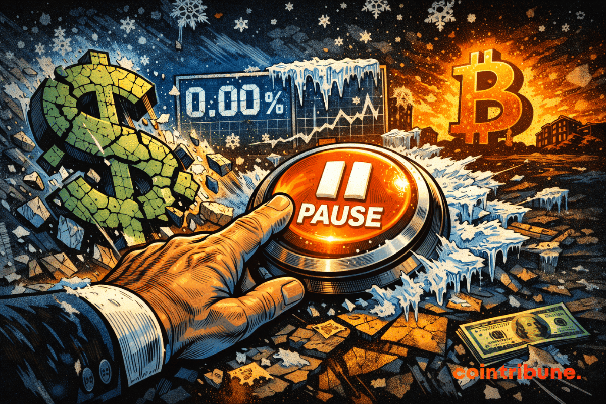 Une main géante appuie sur "Pause", faisant s’effondrer un dollar en ruines pendant que Bitcoin observe calmement à distance.