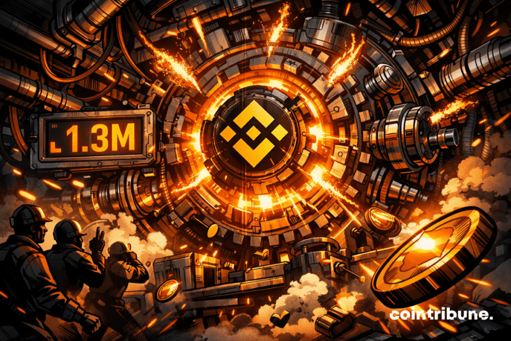 Una gigantesca máquina impulsada por Binance irradia energía, simbolizando una actividad frenética, un poder incontrolable y un dominio abrumador.