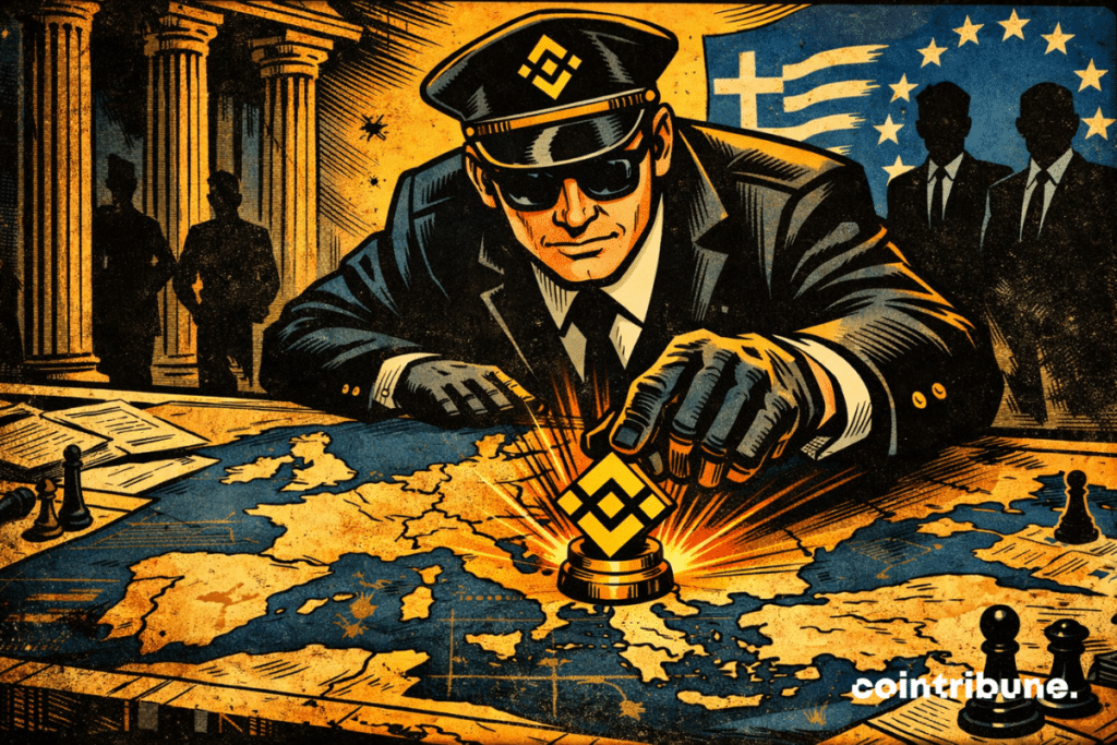 Un stratège mystérieux place une pièce Binance sur la Grèce, sous le regard d’observateurs européens, dans une ambiance tendue.