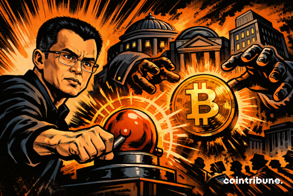 CZ da la voz de alarma mientras los grandes bancos se interesan por el bitcoin, lo que simboliza la tensión, la vigilancia y el enfrentamiento entre las finanzas y las criptomonedas.