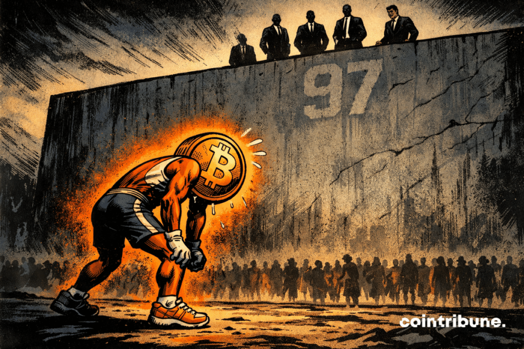 Bitcoin épuisé s’arrête devant un mur infranchissable, observé par des institutionnels impassibles, tandis que la foule hésitante reste à distance.