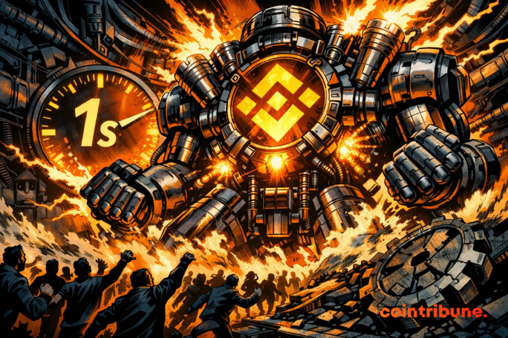 Un géant mécanique incarne BNB Chain, irradiant de puissance, tandis qu’une foule afflue, symbolisant vitesse, pression et domination technologique totale.