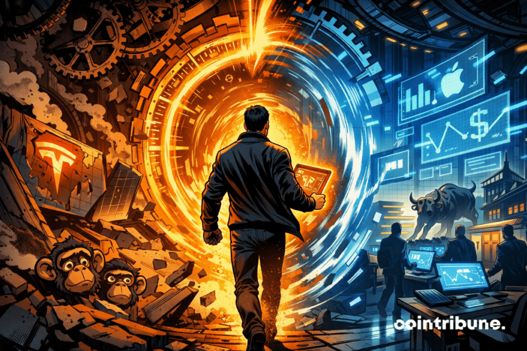 Un hombre entra en un portal desde las ruinas de 2021 hacia un mundo de 2026 de acciones tokenizadas y comercio digital.