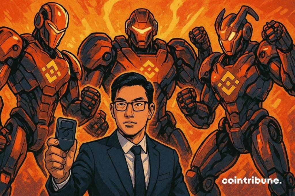 A Binance Wallet executive surrounded by 3 new AI tools to analyze the crypto market.