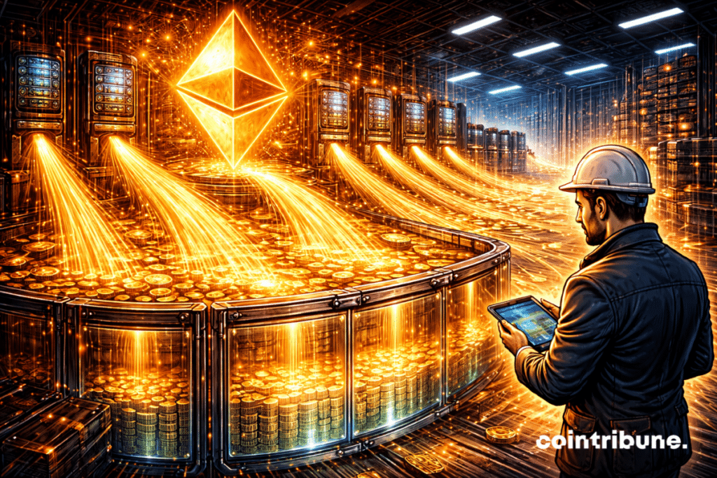 A massive Ethereum infrastructure (servers/nodes) generates steady streams of light that accumulate in a stable financial reservoir, symbolizing BitMine's staking revenues.