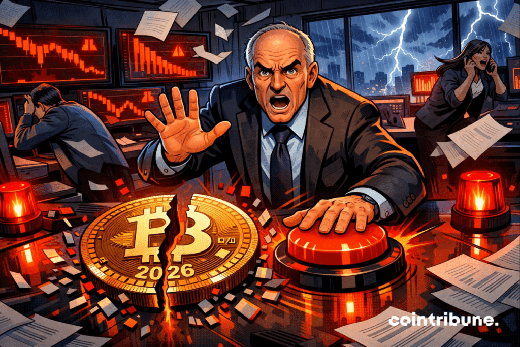 An alarmed financial analyst slams a red alert button as a giant Bitcoin marked "2026" splits in half, with chaos unfolding in a storm-lit control room.