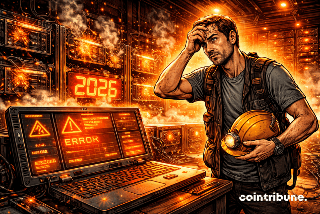 Un especialista en minería de Bitcoin observa una consola que muestra errores, mientras que la pantalla detrás de él muestra “2026” con alarmas visuales.