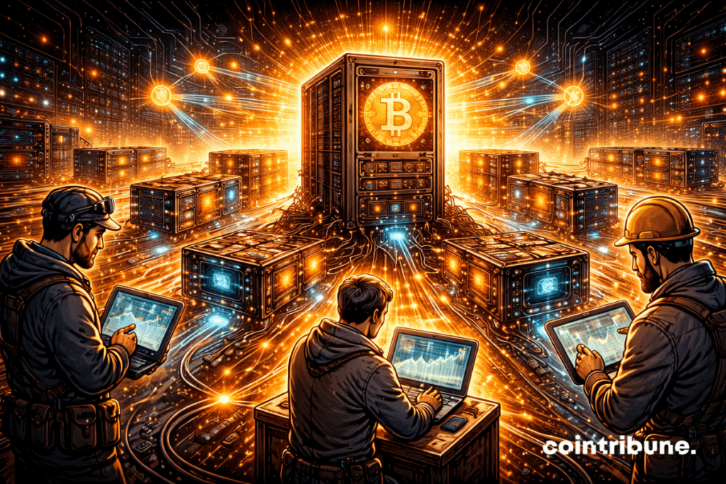 Un serveur Bitcoin massif est au centre. Autour de lui, des mini-serveurs reliés, dont quelques-uns émettent une lumière orange plus forte.