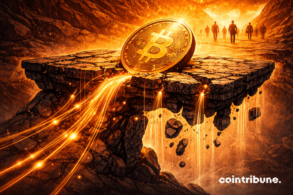 Un puente sólido que sostiene a Bitcoin comienza a ceder por un lado. Flujos abandonan la estructura. Figuras lejanas que representan a los tenedores a largo plazo se retiran de la escena.