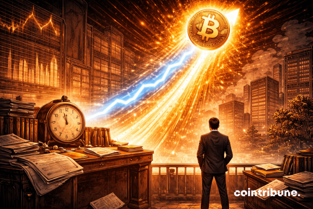 Le Bitcoin grimpe le long d’une trajectoire lumineuse verticale, tandis qu’en bas une horloge institutionnelle figée représente le report politique.