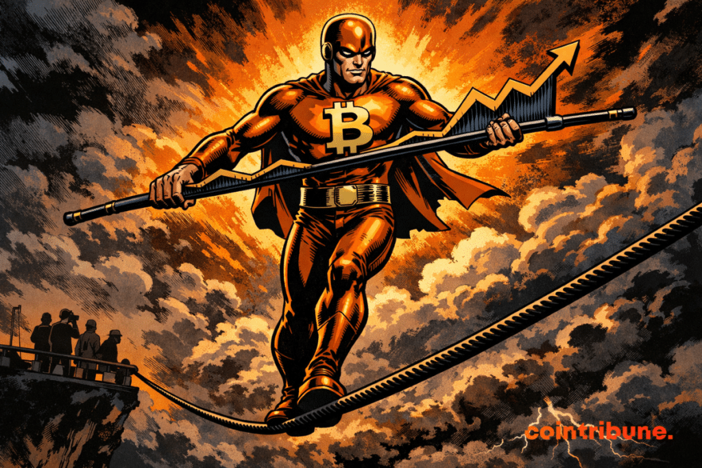 Un super-héros Bitcoin marchant sur un câble tendu dans le ciel