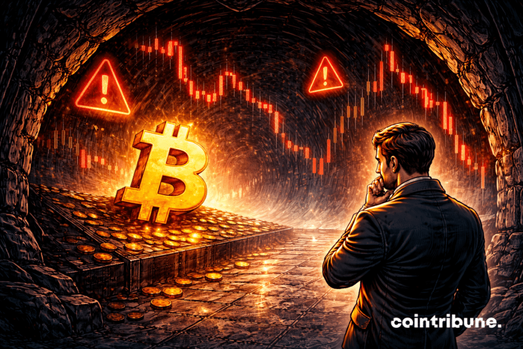 Un Bitcoin está en la entrada de un pasillo oscuro; detrás, una zona luminosa se aleja, delante, señales técnicas flotantes se vuelven más oscuras. Un trader observa la criptomoneda.