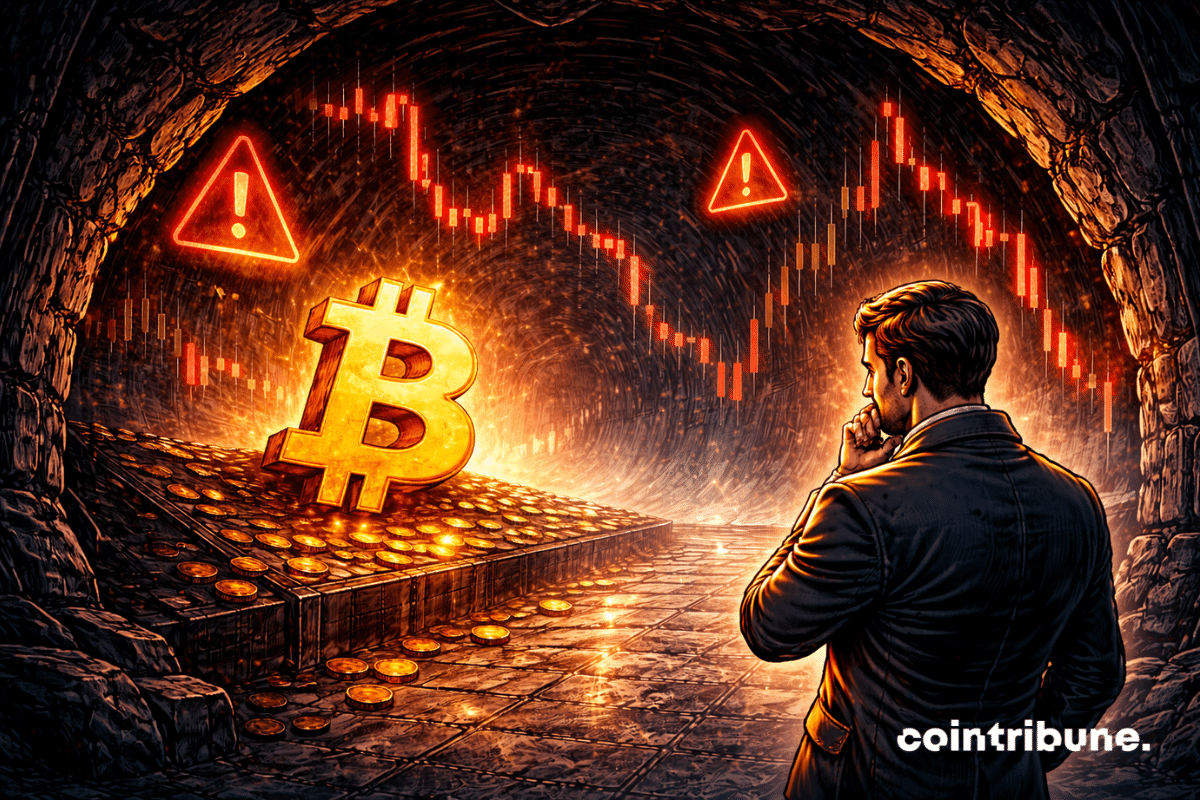 Un Bitcoin se trouve à l’entrée d’un couloir sombre, derrière lui une zone lumineuse s’éloigne, devant lui des signaux techniques flottants deviennent plus sombres. Un trader observe la crypto.