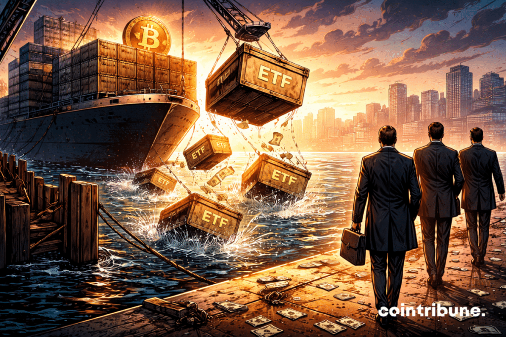 Sur un quai financier, des caisses « ETF Bitcoin » glissent hors d’un navire au lever du jour, symbolisant la première semaine de l’année.