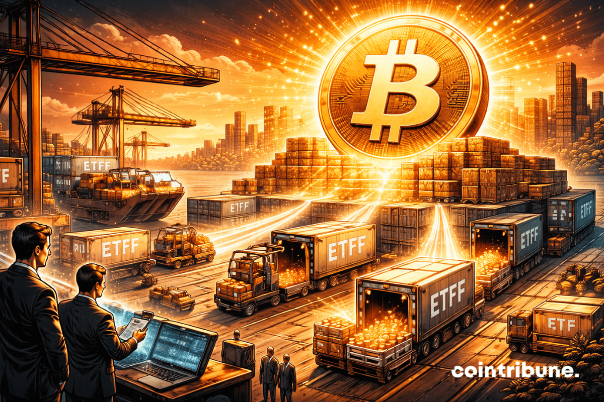 Sur un port financier, des conteneurs ETF arrivent en continu sur un quai où trône un Bitcoin massif. L’activité est intense, mais ordonnée sous la supervision des gestionnaires.